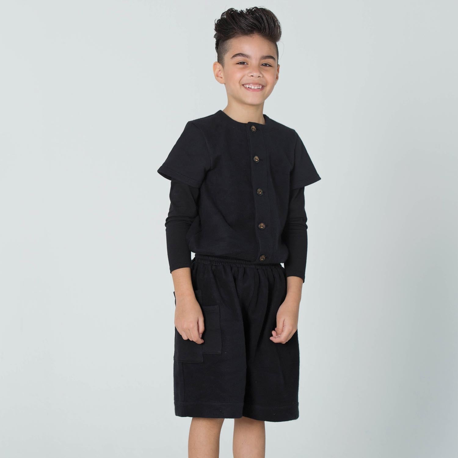 Kids Black Short Boiler Suit – Organic Cotton Fleece – Unisex – Sizes 6 Months-10 Years