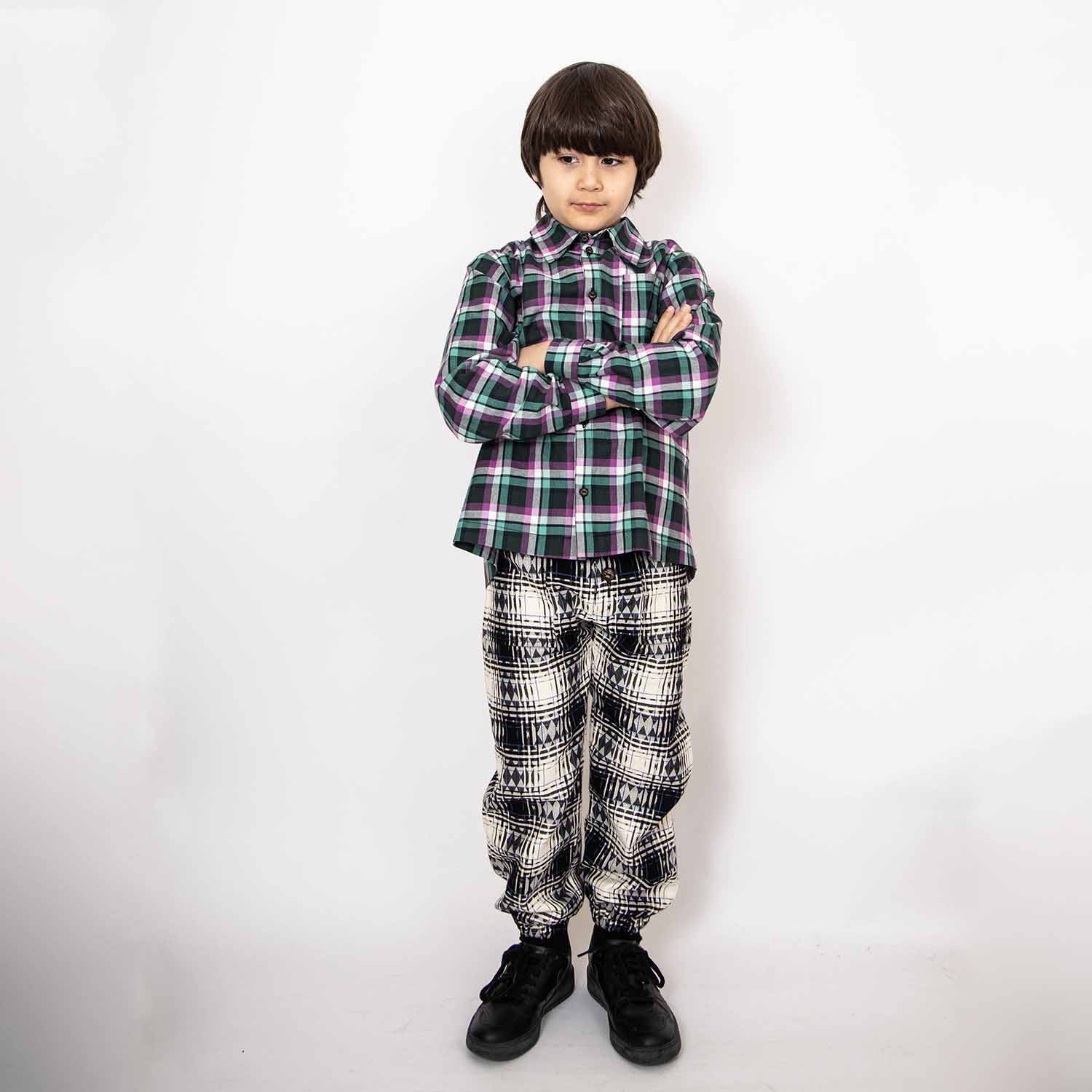Kids Black & White Tartan Unisex Pants – Organic Cotton, Sizes 4–16 Years