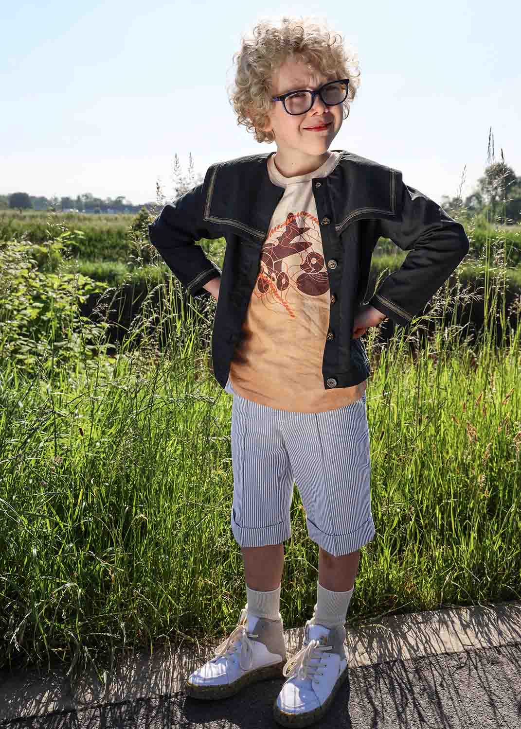 Kids Grey and White Striped Unisex Bermuda Shorts – Organic Cotton, Sizes 4–16 Years