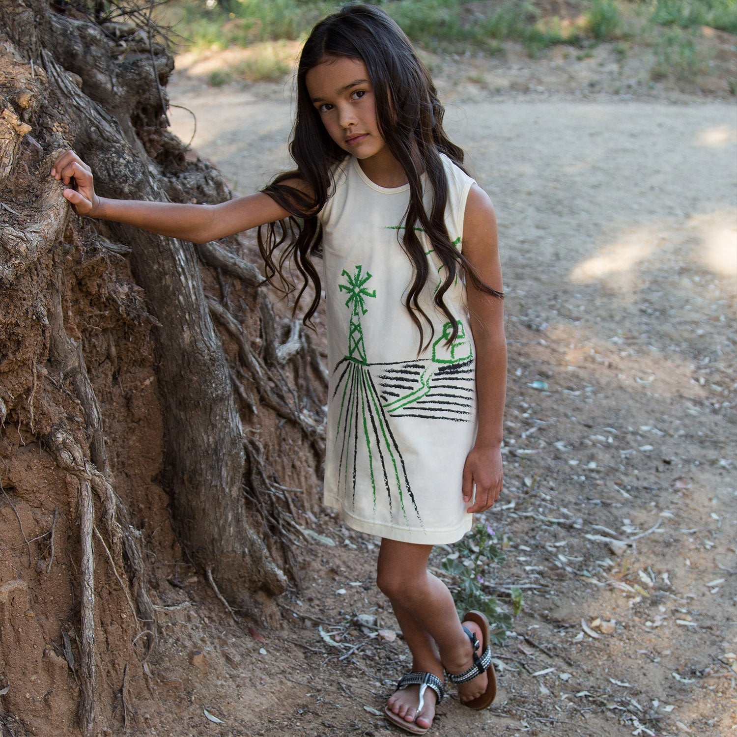 Off-White Organic Cotton T-Shirt Dress with Wind Mill – Girls – Sizes 2-16 Years