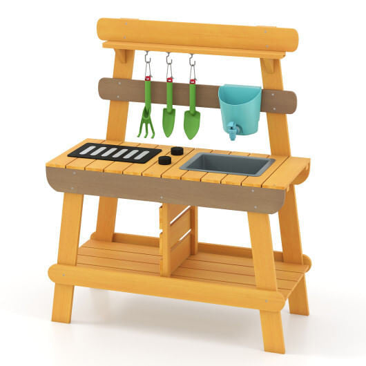 Outdoor Mud Kitchen for Kids Wooden Play Kitchen Toy for Boys Girls Aged 3-8-Yellow-2