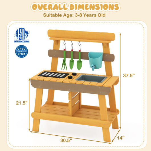 Outdoor Mud Kitchen for Kids Wooden Play Kitchen Toy for Boys Girls Aged 3-8-Yellow-3