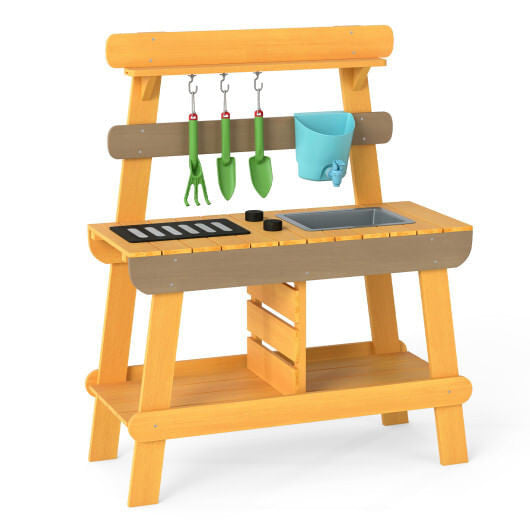 Outdoor Mud Kitchen for Kids Wooden Play Kitchen Toy for Boys Girls Aged 3-8-Yellow-4