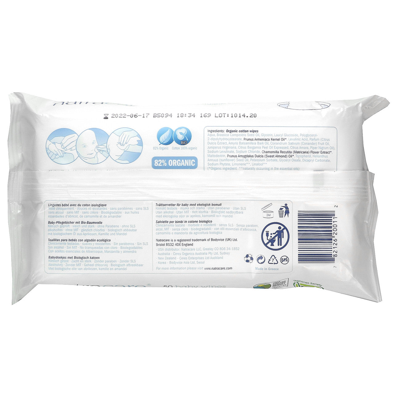 Natracare Natra Cotton Baby Wipes – 100% Cotton, 16x50 Count