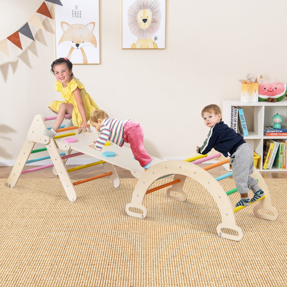 NNECW 7-in-1 Wood Triangle Climbing Toys for Toddlers-Multicolour-0
