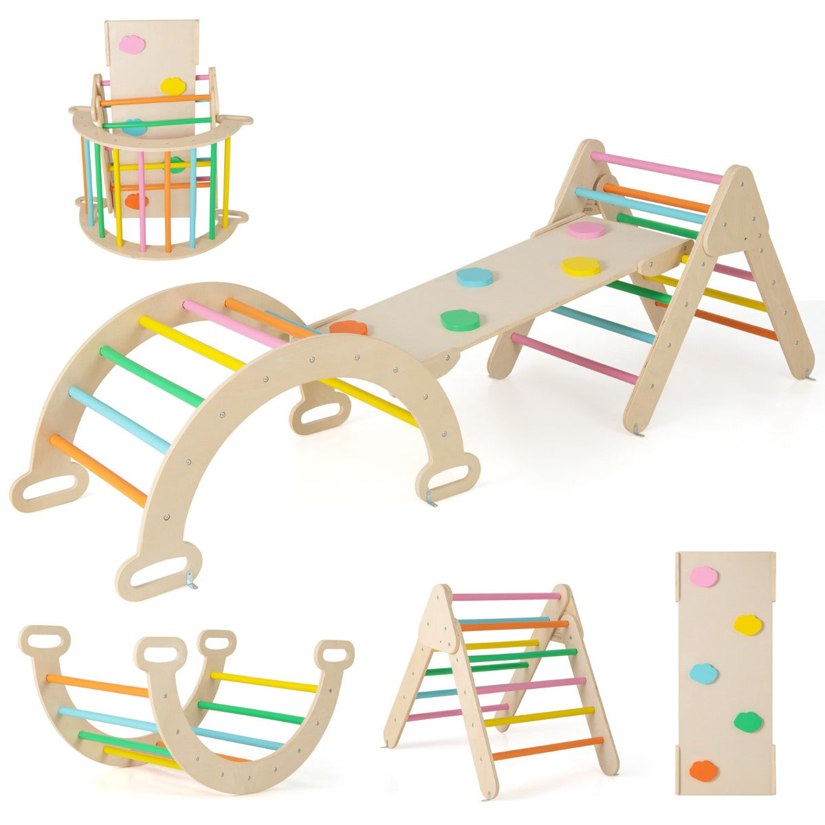 NNECW 7-in-1 Wood Triangle Climbing Toys for Toddlers-Multicolour-1