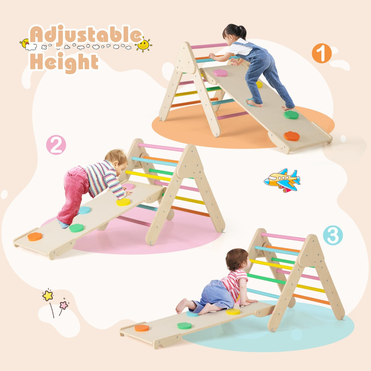 NNECW 7-in-1 Wood Triangle Climbing Toys for Toddlers-Multicolour-2