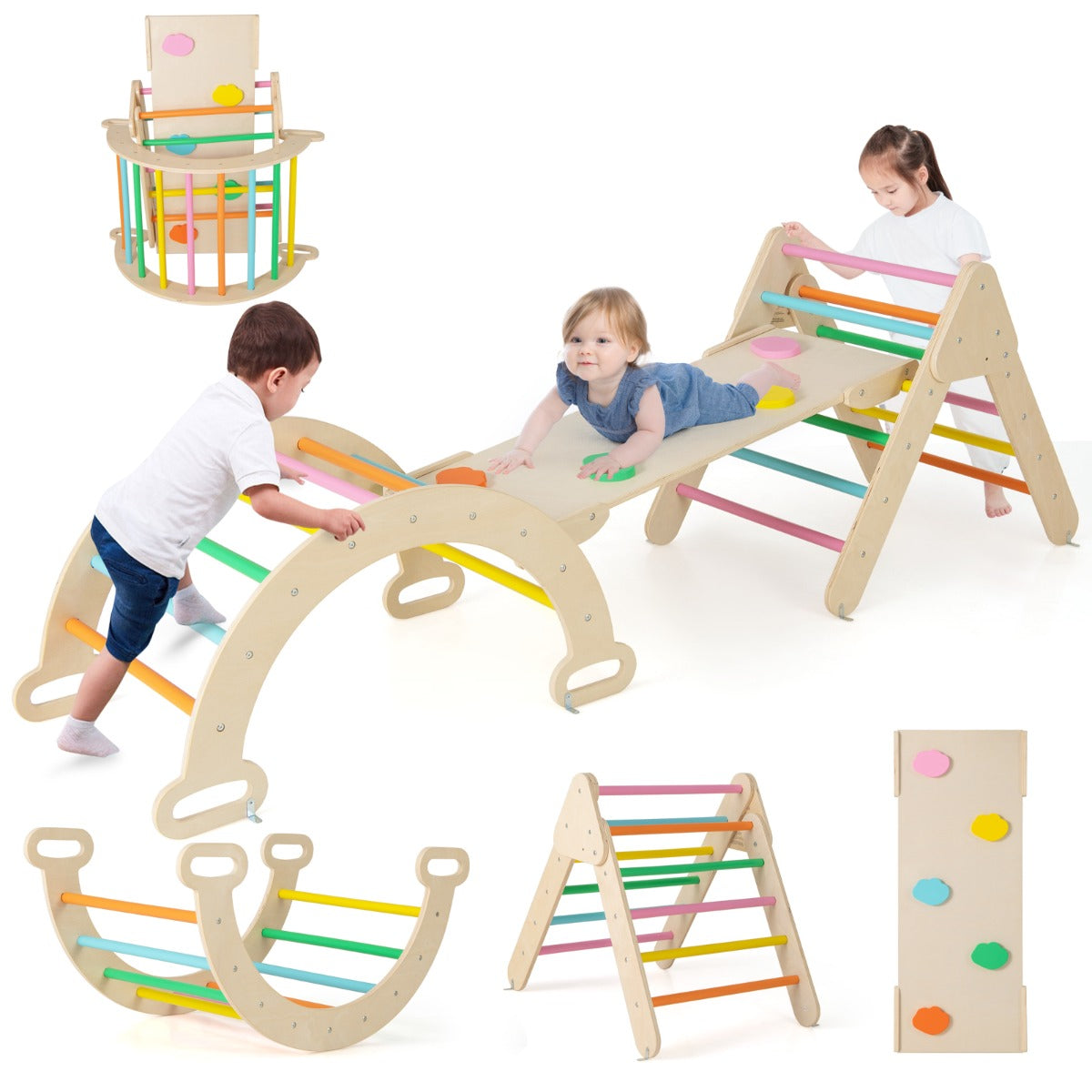 NNECW 7-in-1 Wood Triangle Climbing Toys for Toddlers-Multicolour-4