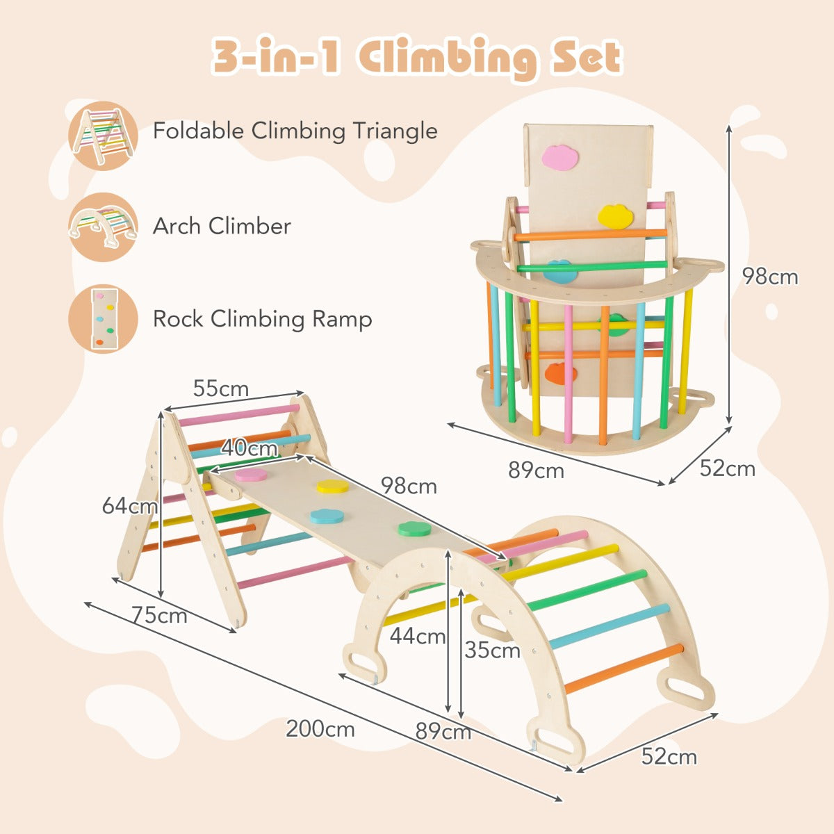 NNECW 7-in-1 Wood Triangle Climbing Toys for Toddlers-Multicolour-3