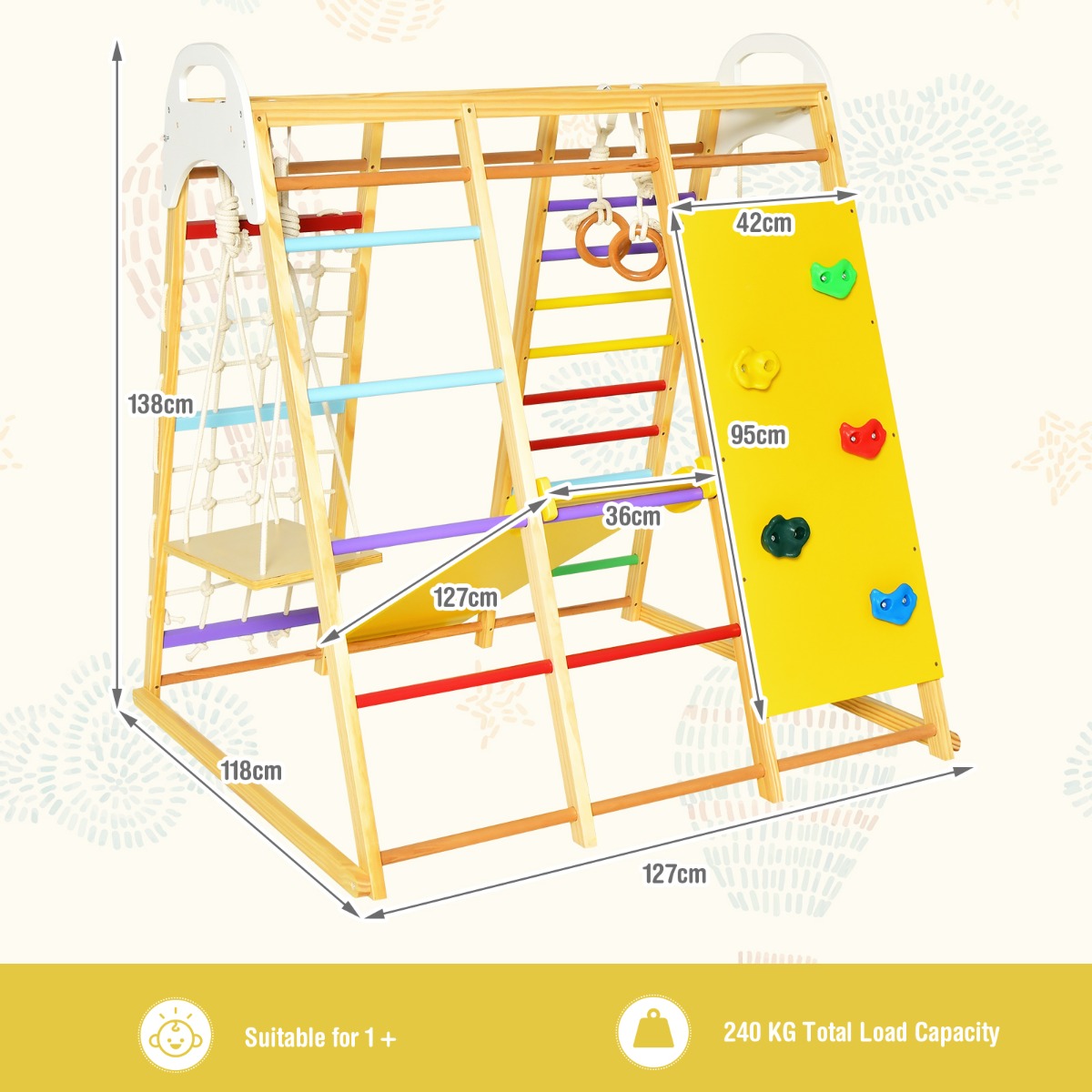 Indoor Jungle Gym – 8-in-1 Wooden Playset, Monkey Bars, Swing, Slide – Unisex, Recommended Ages 1+ Years