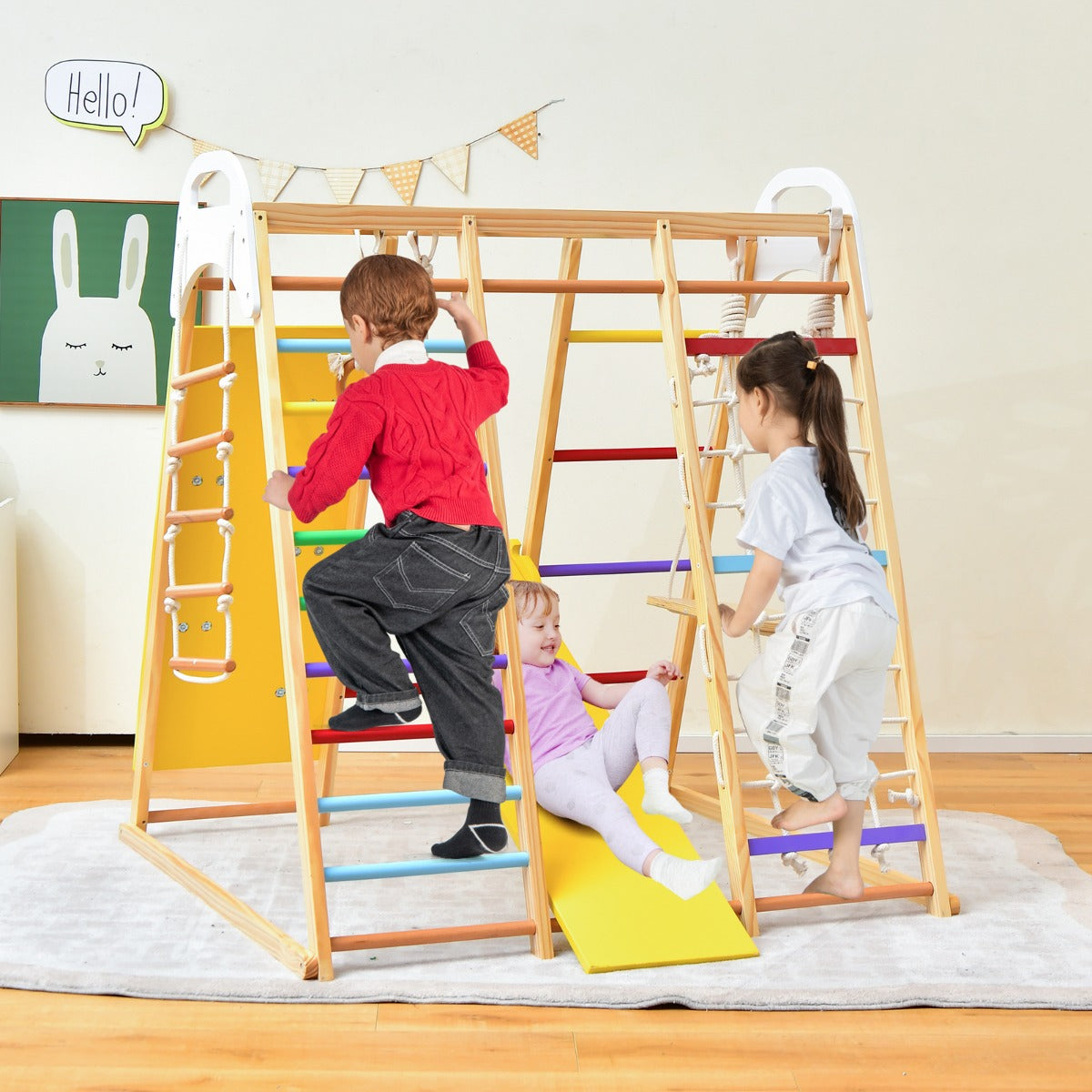 Indoor Jungle Gym – 8-in-1 Wooden Playset, Monkey Bars, Swing, Slide – Unisex, Recommended Ages 1+ Years