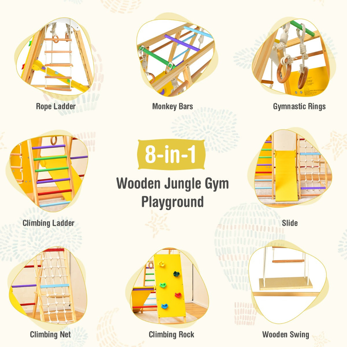 Indoor Jungle Gym – 8-in-1 Wooden Playset, Monkey Bars, Swing, Slide – Unisex, Recommended Ages 1+ Years