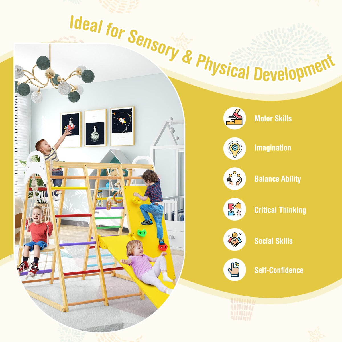 Indoor Jungle Gym – 8-in-1 Wooden Playset, Monkey Bars, Swing, Slide – Unisex, Recommended Ages 1+ Years