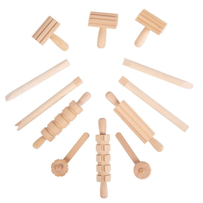 12pcs Children DIY Slime Plasticine Mold Soft Clay High Grade Wooden Tools Dough Play Montessori Learning Education Toys for Kid